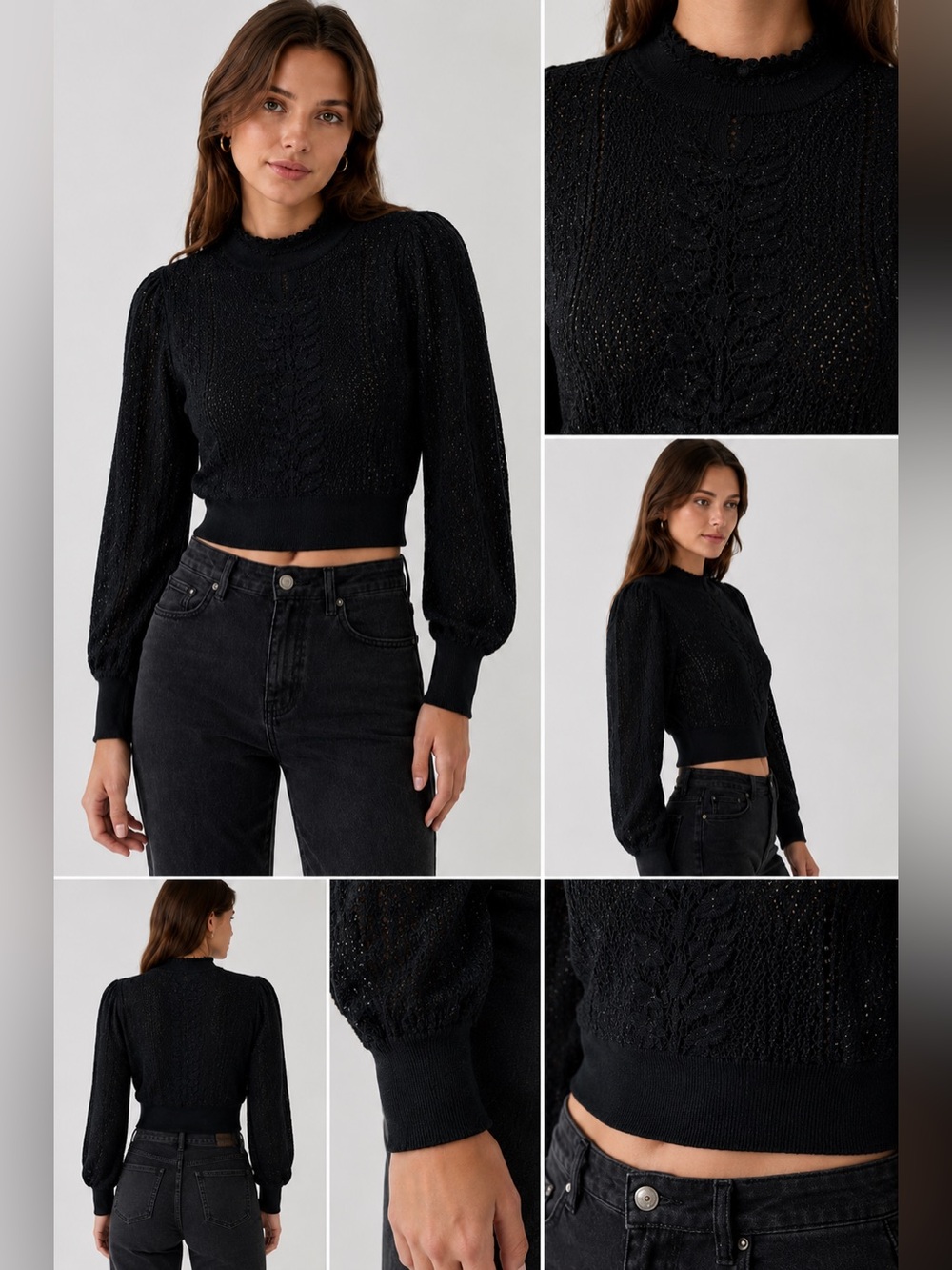 Zara Black Pointelle Knit Crop Sweater